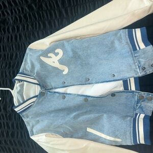 IC COLLECTION Light Denim Blue and White Varsity Jacket